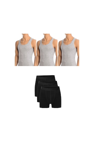 Erkek Pamuklu 3'lü Gri Atlet Ve 3'lü Siyah Boxer 6 Parça Set
