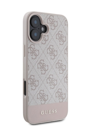 Apple Uyumlu iPhone 16 Kılıf Guess Lisanslı Pu Deri Şerit Logo Dizaynlı Kapak Pembe
