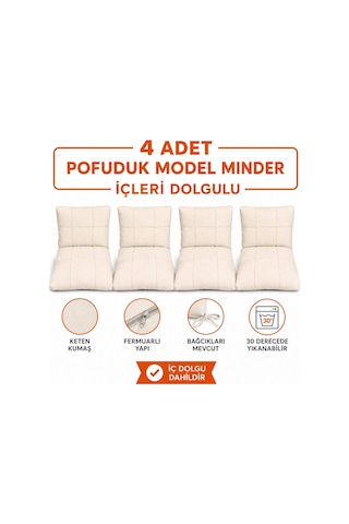 4 Adet Kullanıma Hazır , Dolgulu Minder , Bahçe , Balkon ,mobilya Minderi , 2-1-1 Takıma Uygun Krem