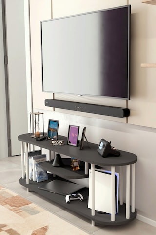 Modern Tv Ünitesi Ahşap Raflı 2 Katlı Televizyon Sehpası Minimalist,dayanıklı, Tv Standı Beyaz Demir Antrasit