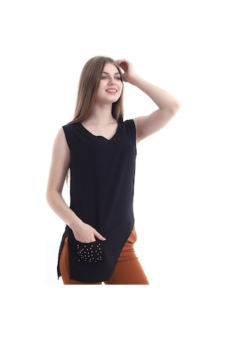 Self Clothing Kadın Siyah V Yaka Cep Ve Yırtmaç Detaylı Bluz Slf1246-Siyah