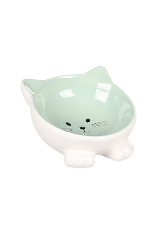 Flamingo Puzi Kedi Kulaklı Desenli Seramik Mama Ve Su Kabı Yeşil 125 Ml