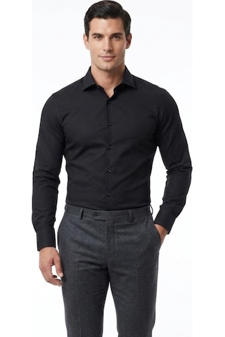 UKİ Uki Siyah Saten Slim Fit Klasik Gömlek SİYAH