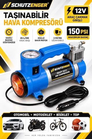 12v Araç Çakmak Girişli Taşınabilir Hava Kompresörü 150 Psı Göstergeli Ve Işıklı Lastik Şişirme Pompası Mavi