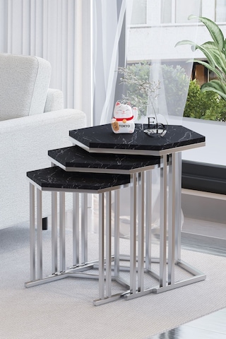 Tokyo 3'lü Zigon Sehpa Gümüş Metal - Siyah Mermer Tabla