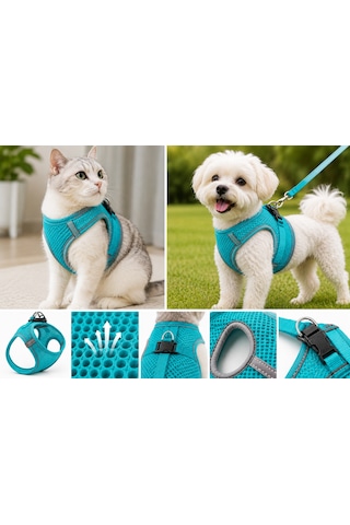 Nefes Alan Kumaş Air Mesh Kedi Köpek Göğüs Tasması Medium 44x48 Cm Turkuaz