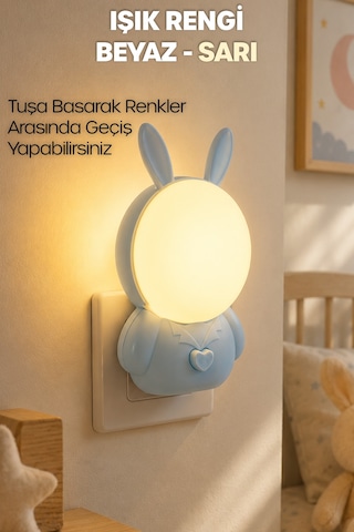 Gece Lambası Tavşan Tip 2 Mod Sarı-beyaz Işık Tuşlu Koridor Hol Işığı Uyuma Işığı Turkuaz K6821 Mavi
