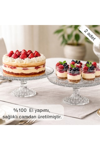 Selen Concept Damla Model Ayaklı Cam Yuvarlak Kek Ve Pasta Sunumluk 2'li Set Şeffaf