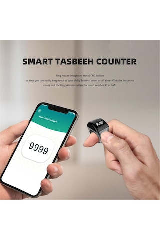 Mufunye Akıllı Zikirmatik Yüzük - 5 Namaz Vakti Hatırlatıcı, Bluetooth, Oled Ekran, 22mm Siyah Plastik