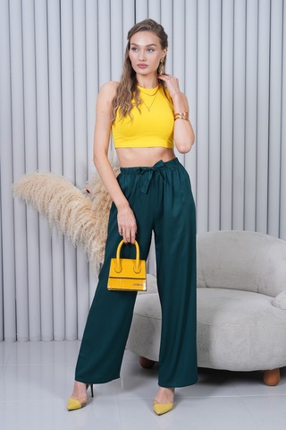 Polologin Butik Beli Bağcıklı Yüksek Bel Bol Paça Zümrüt Yeşili Pantolon Yeşil