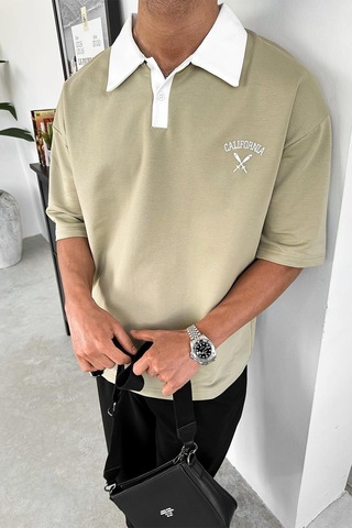 Su Yeşili California Polo Yaka Outplenty Premium Oversize Tişört Su Yeşili