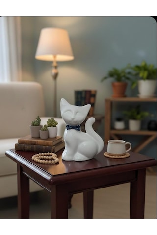 Papyonlu Kedi Dekoratif Biblo Heykel Hediyelik Obje Süs Aksesuar Beyaz