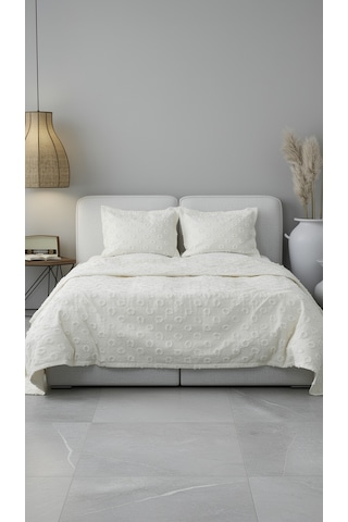 Grace Ekru Geometrik Desenli Çift Kişilik Pike Takımı - 3 Parça 240x260 Cm Ekru