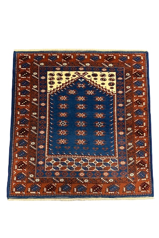 El Dokuma Sıfır Yağcıbedir Seccade 113x120 Mavi Kahve Kök Boya %100 Yün Namazlık