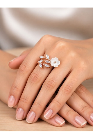 Çekirdekjewelry 925 Ayar Gümüş Manolya Çiçekli Ayarlanabilir Yüzük Pembe