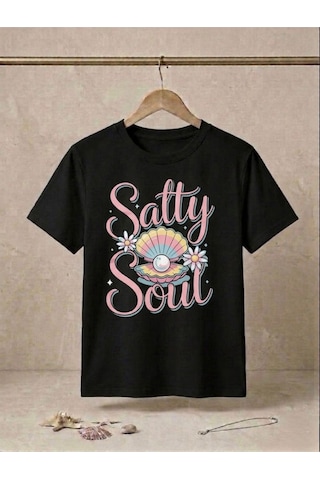 Retro İstiridye Ve İnci Baskılı Kompakt T-shirt Siyah