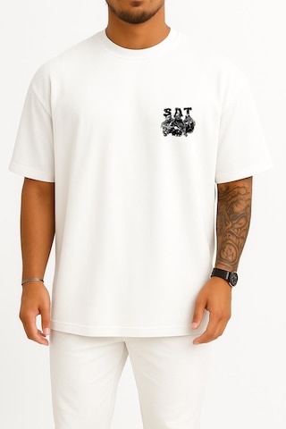 Bahriyeli Collection Oversize Effective Sat Cep Ve Sırt Baskılı Unisex T-shirt Beyaz