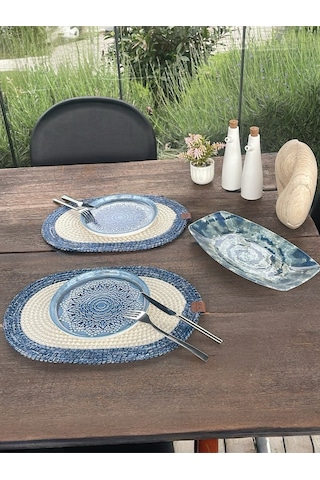 Bohem Tarz 2 Li Doğal İp Amerikan Servis Hasır Görünümlü, Leke Tutmaz, Mavi/beyaz 40x28 Cm Beyaz/mavi