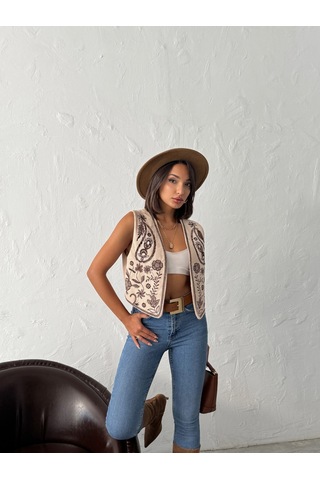 Verymoda Fitili Kadife Nakışlı Yelek Vmf2010 Taş