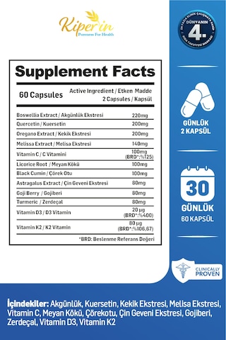 Kiperin Eigrela Alerji Kuersetin, Kekik, Astragalus, Çörek Otu, Meyan Kökü 60 Kapsül