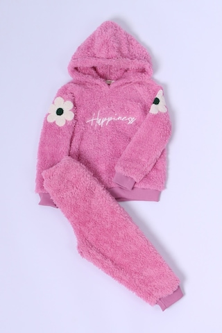 Hçm Kız Çocuk Peluş Alt-üst Takım Çiçek Baskılı Kapşonlu D25 Pembe