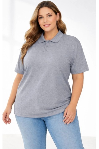 Wear Vexel Kadın Battal Beden Tişört Polo Yaka Pike Kumaş Kısa Kol T-shirt - Gri Gri