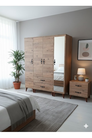 Koru 4 Kapaklı Dolap Gardırop - Çam M3 Çam