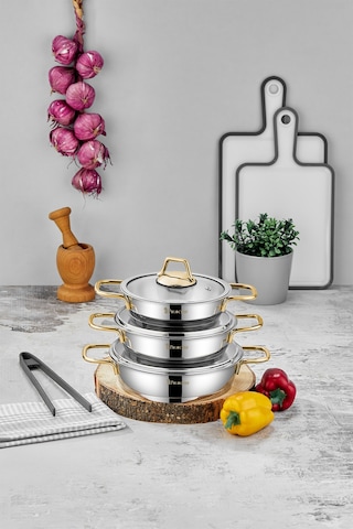 Polochef Paslanmaz Çelik Sahan Seti Gold Saplı 6 Parça Gümüş