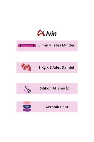 Dayanıklı Ve Fonksiyonel Pilates Ve Egzersiz Seti Pilates Minderi, Dambıl, Aerobik Bant, Atlama İpi Pembe