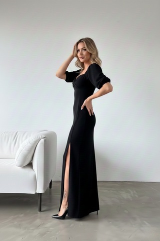 Defymoda Kadın Yırtmaçlı Şık Tasarım Krep Elbise Siyah