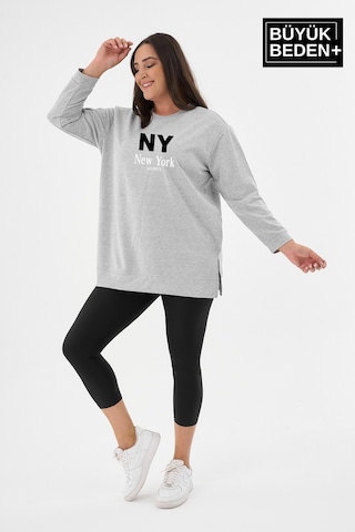 Süperlife Kadın Tunik Büyük Beden Ny Newyork Baskılı İnce Sweatshırt Spr26btk990-1 Grey Melange