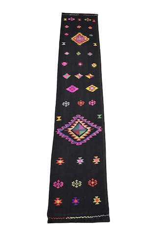 Zehra Abla Halı Yeni El Dokuması Siyah Bardız Erzurum Mini Yolluk Yün Kilim 7461 Çok Renkli
