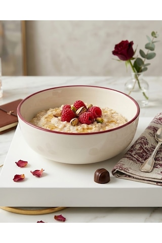 Porselen Kırmızı File Kenar Kase Salata, Çorba Ve Kahvaltılık Sunum Kasesi - 17 Cm 2'li Set Beyaz