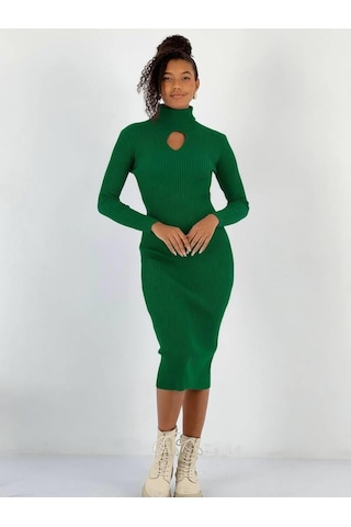 Miss Poem Kadın Boğazlı Yaka Pencere Dekolteli Yeşil Triko Elbise Yeşil