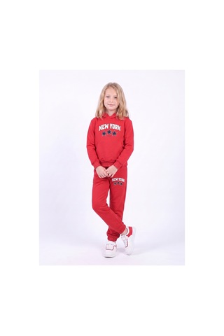 Panios Kids Kız Çocuk Baskılı Kanguru Cepli Kapüşonlu Eşofman Takımı Kırmızı