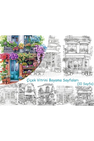 Çiçek Vitrini Boyama Sayfaları, 10 Adet A4 Boyut .