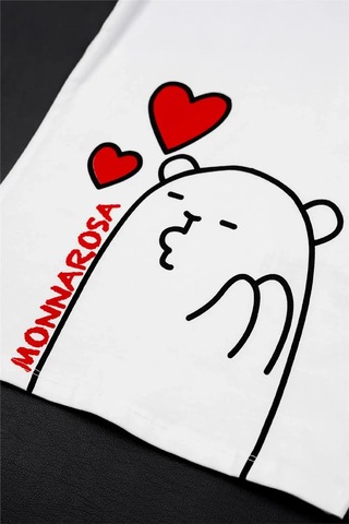 Kız Çocuk Beyaz Kalpli Ayıcık Detaylı Monna Rosa Yazılı Tişört Beyaz