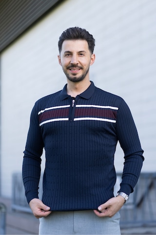 Hk Premium Kazak Polo Yaka Fermuarlı Şerit Detaylı Triko Lacivert