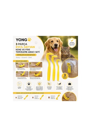 Yong 3 Parça Evcil Hayvan Kene Ve Pire Temizleme Aracı Seti Köpekler Ve Kediler İçin Kolay Kene Ve Pire Temizleme Aparatı Güvenli Evcil Hayvan Bakım Seti Sarı