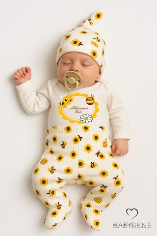 Babyden's Ablasının Balı Yenidoğan Bebek Takımı 3 Parça Pamuklu Uzun Kol Bebek Zıbın Seti, Patikli Alt Ve Şapka Unisex Ekru - Sarı