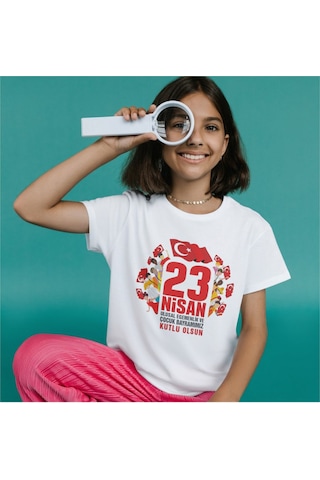 Alpşan Ticaret 23 Nisan Çocuk Bayramı Baskılı Çocuk Tişört 23 Nisan T-shirt 51 Beyaz