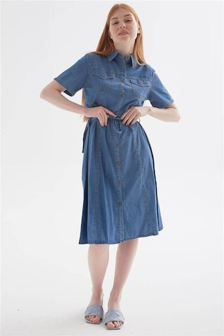 Fashion Friends Kısa Kollu Kemerli Midi Denim Elbise Elbise 24y0108k1 Mavi
