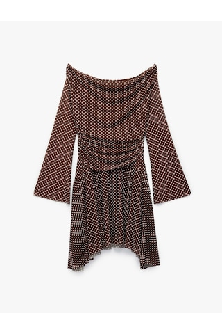 Koton Slim Fit Uzun Kollu Drapeli Madonna Yaka Asimetrik Puantiyeli Mini Tül Elbise Kahverengi Desenli 6sak80244ek