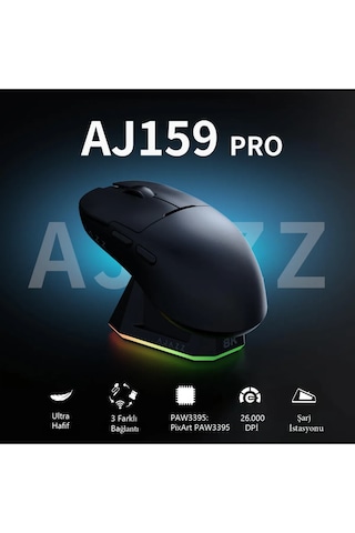 Aj159 Pro Kablosuz 3 Modlu 8.000hz-26.000dpı Oyuncu Mouse Siyah