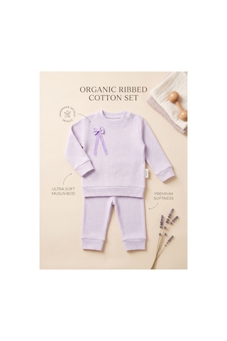 Deniva Kids Kız Bebek Lila Fitilli Kaşkorse Fiyonk Detaylı Omuzdan Çıtçıtlı Uzun Kollu Alt Üst Takım Mor