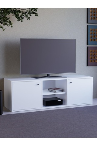 Detamob Beyaz Tv Ünitesi, 2 Kapaklı Raflı Tv Sehpası - 138cm Mdf Beyaz