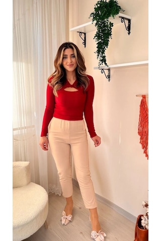 Valensdesign Kadın Üste Oturan Paçası Bilek Üzerinde Biten Atlas Kumaş Pantolon 36 S - 48 4xl Krem