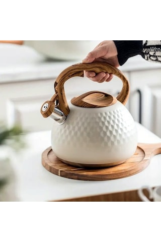 Valkyrie Modern Tasarım Düdüklü Kettle 3l Paslanmaz Çelik Ergonomik Su Isıtıcı Çaydanlık Islıklı Krem