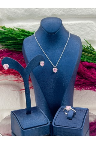 925 Ayar Gümüş Pembe Kuvars Taşlı Özel Tasarım 3 Lü Trend Kadın Takı Seti Gümüş