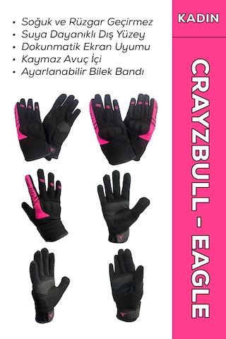 Crazybull Eagle Pembe Su Ve Rüzgar Geçirmez Kışlık Kadın Motosiklet Eldiveni + Buff